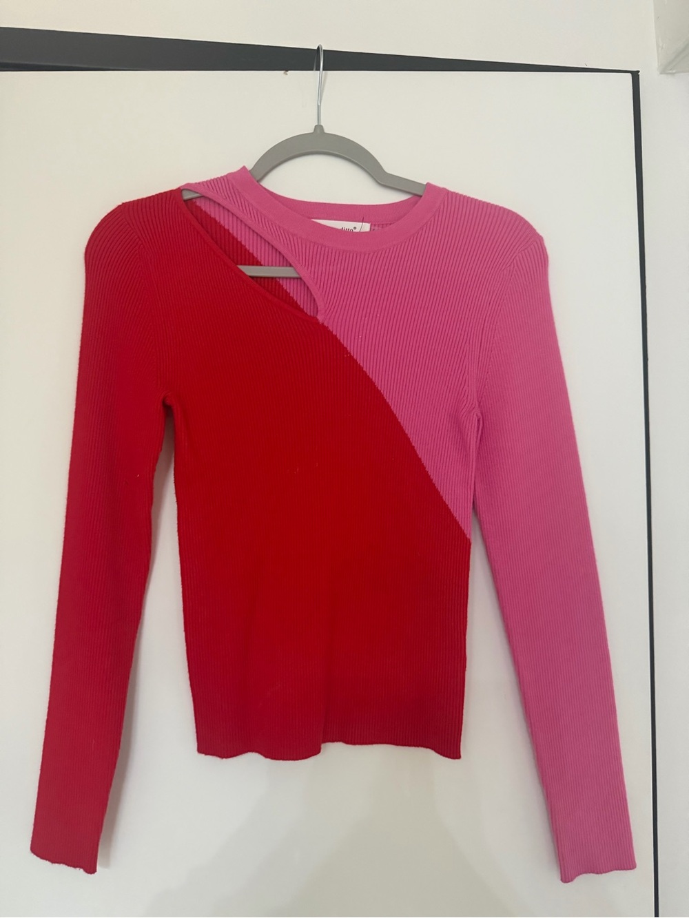 Two-Tone Ribbed Long Sleeve Top in Pink & Red